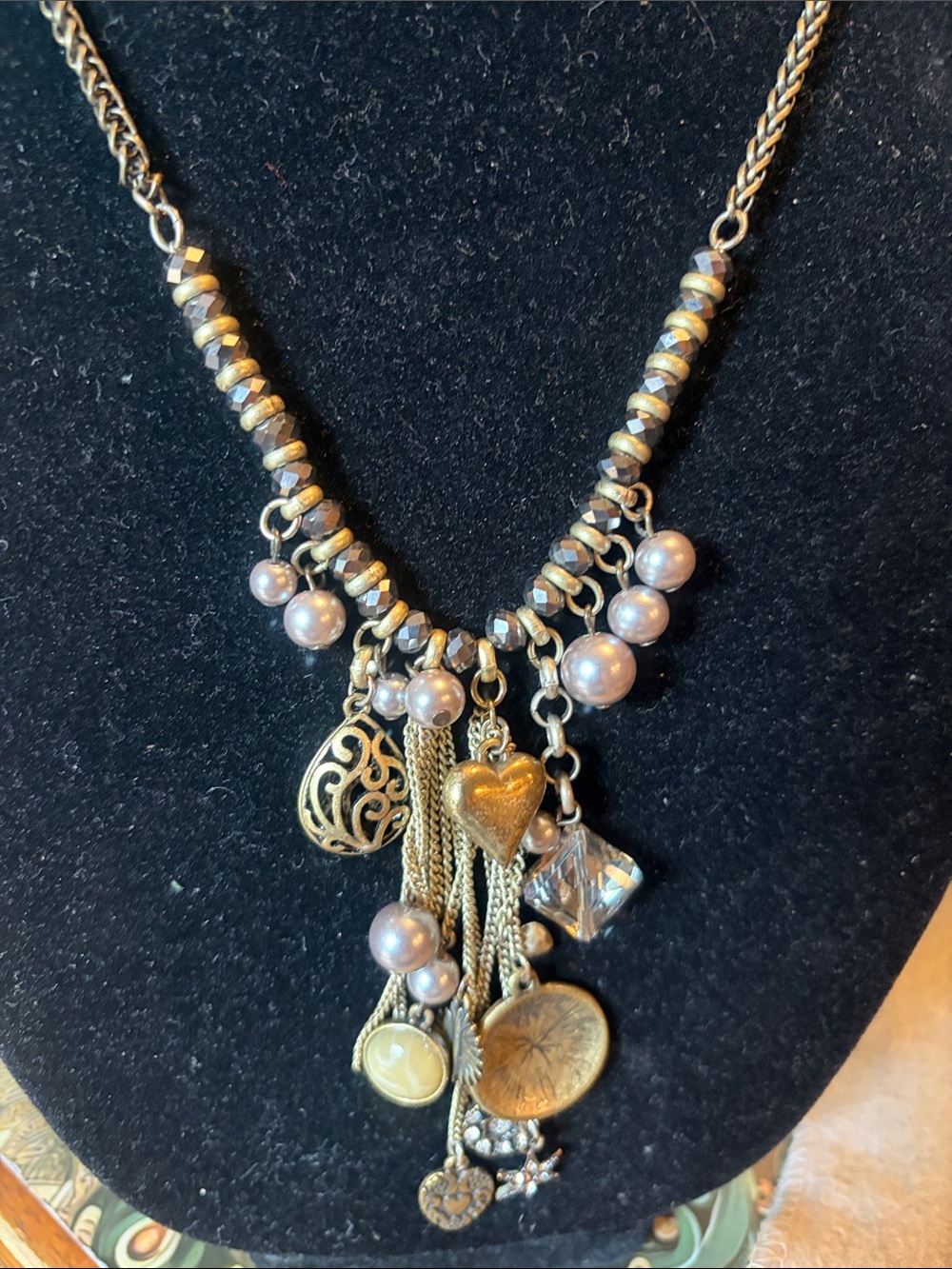 Beautiful Loft brass Charm Necklace with gray Pearl Accents